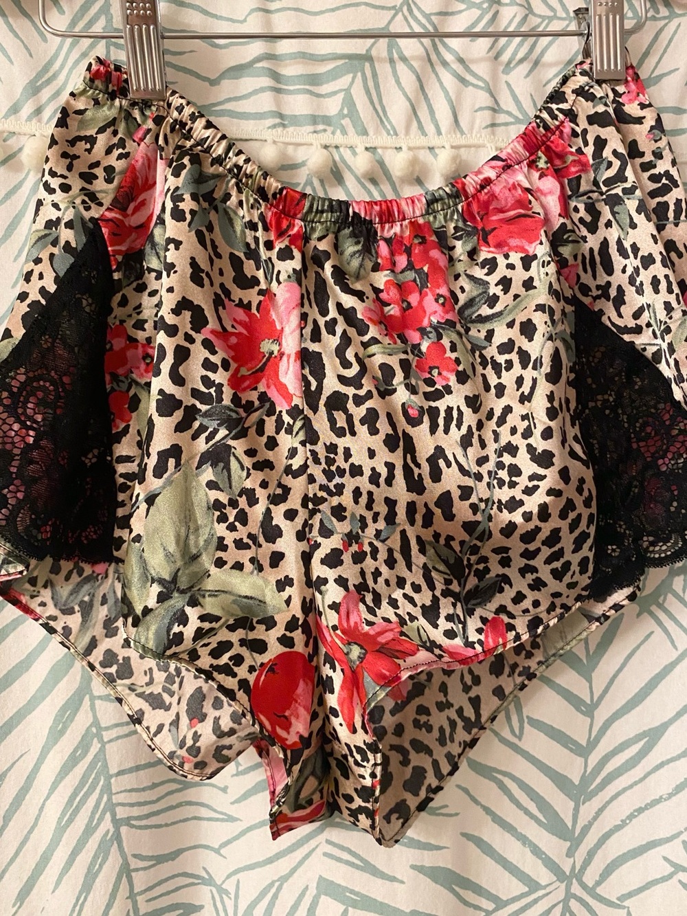 Tropical floral pink and black satin tap pant lingerie shorts size M